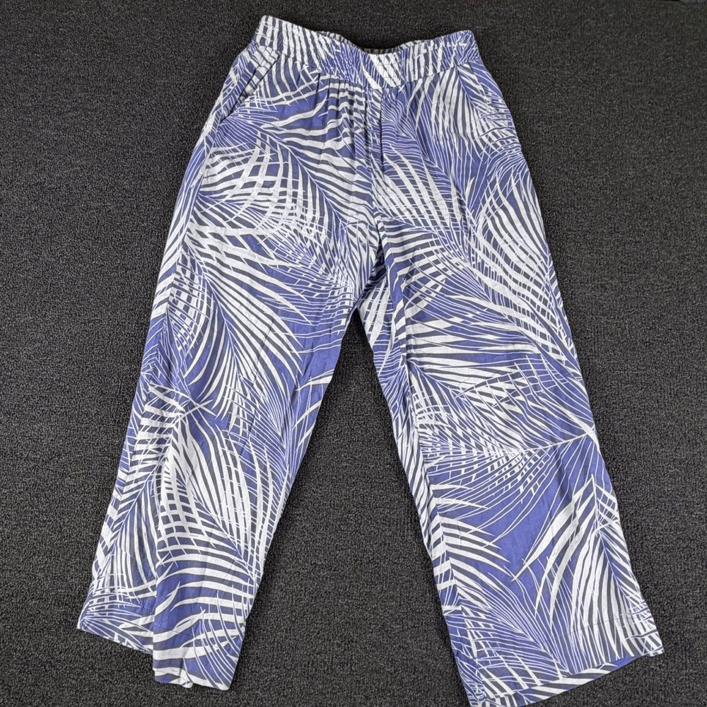 Panama Jack Pants Womens M Tropical Palm Leaf Purple White Wide Leg Cropped EUC